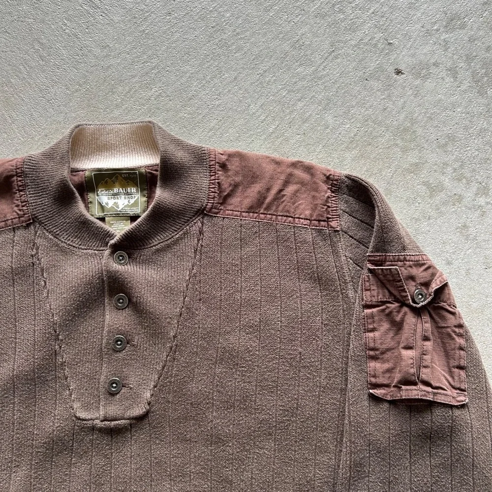 Vintage Eddie Bauer Sport Shop Sweater Size XL Brown Henley‎ Ribbed Pullover - Picture 3 of 6